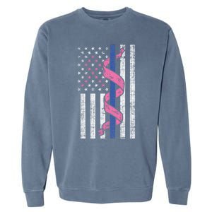 Blue Line Police Us Flag Pink Ribbon Breast Cancer Awareness Gift Garment-Dyed Sweatshirt