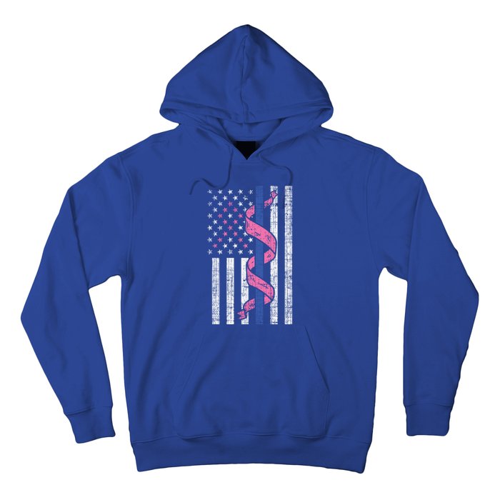 Blue Line Police Us Flag Pink Ribbon Breast Cancer Awareness Gift Hoodie