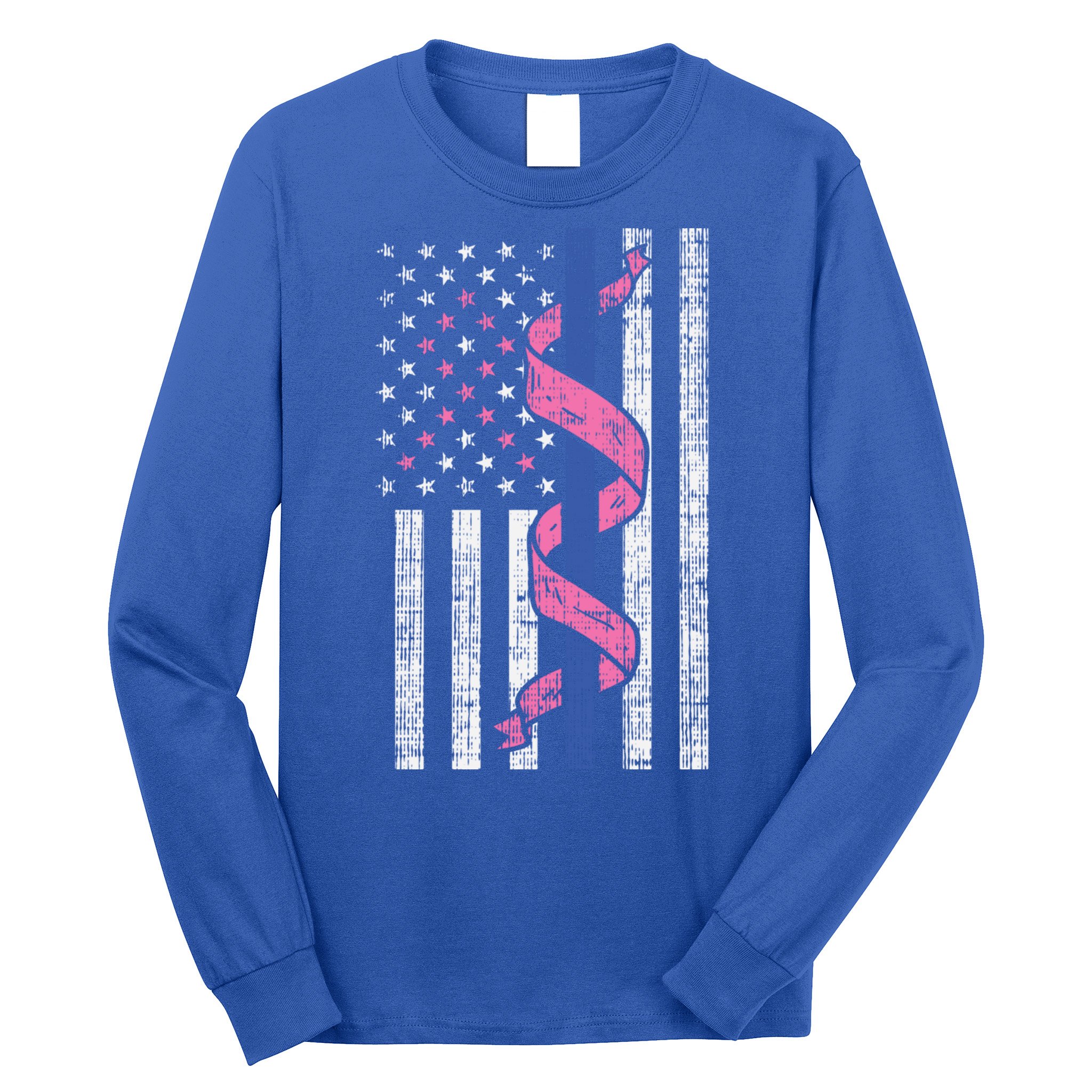 Blue Line Police Us Flag Pink Ribbon Breast Cancer Awareness Gift Long Sleeve Shirt