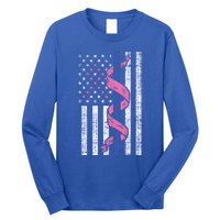 Blue Line Police Us Flag Pink Ribbon Breast Cancer Awareness Gift Long Sleeve Shirt