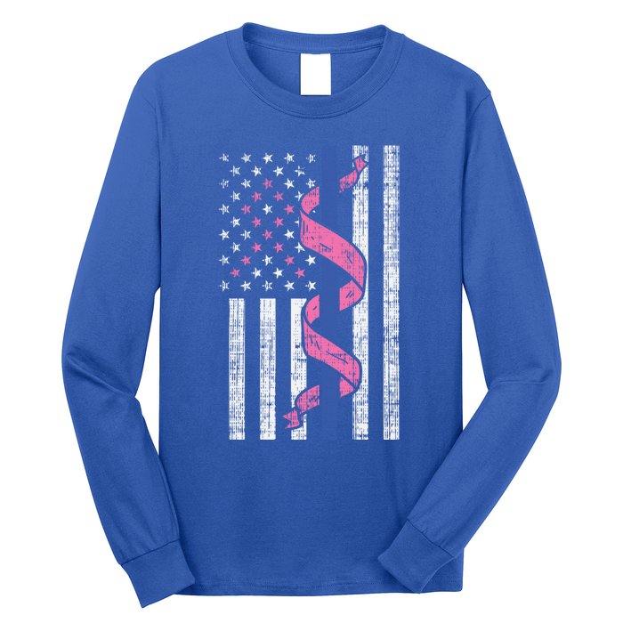 Blue Line Police Us Flag Pink Ribbon Breast Cancer Awareness Gift Long Sleeve Shirt