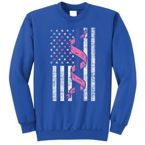 Blue Line Police Us Flag Pink Ribbon Breast Cancer Awareness Gift Sweatshirt