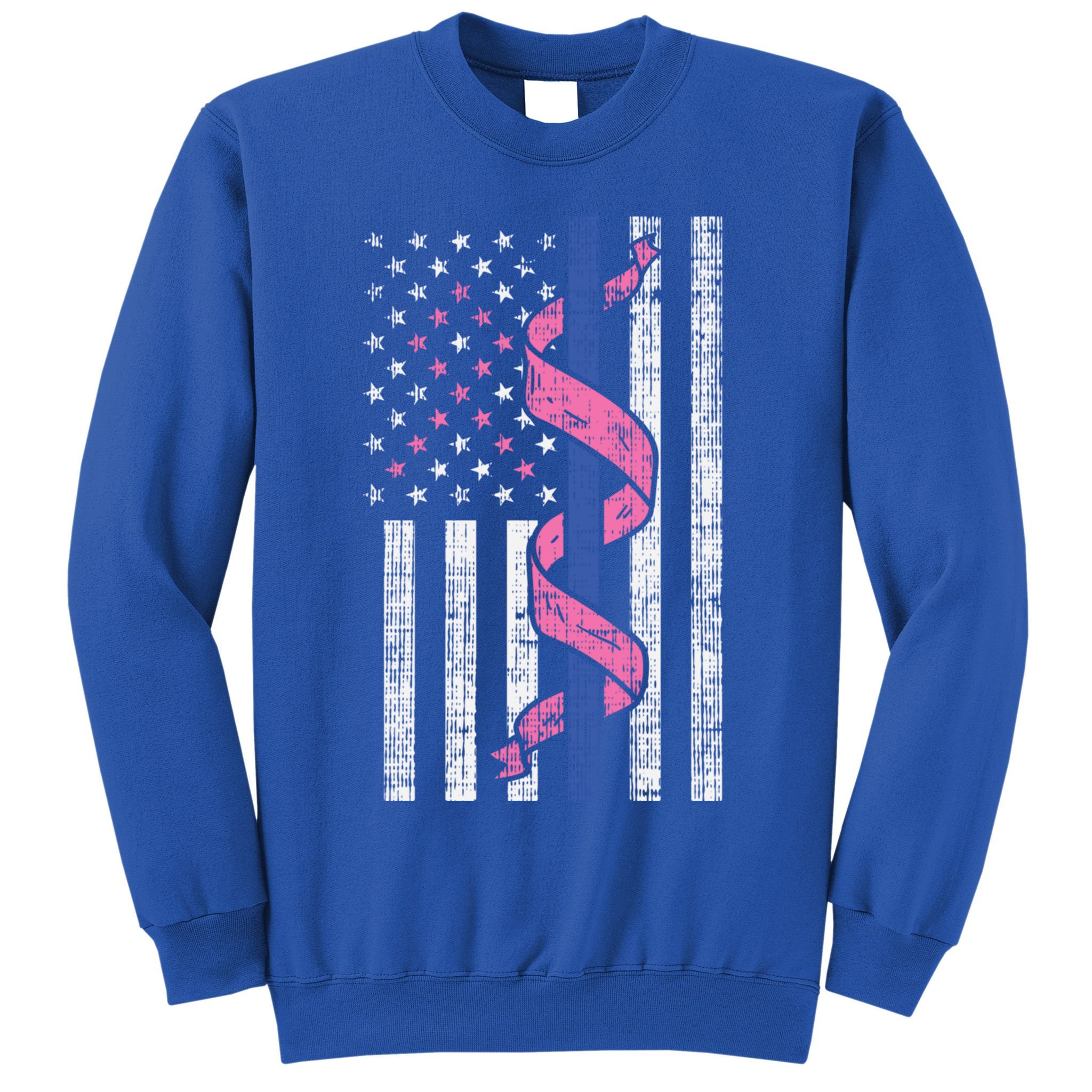 Blue Line Police Us Flag Pink Ribbon Breast Cancer Awareness Gift Sweatshirt