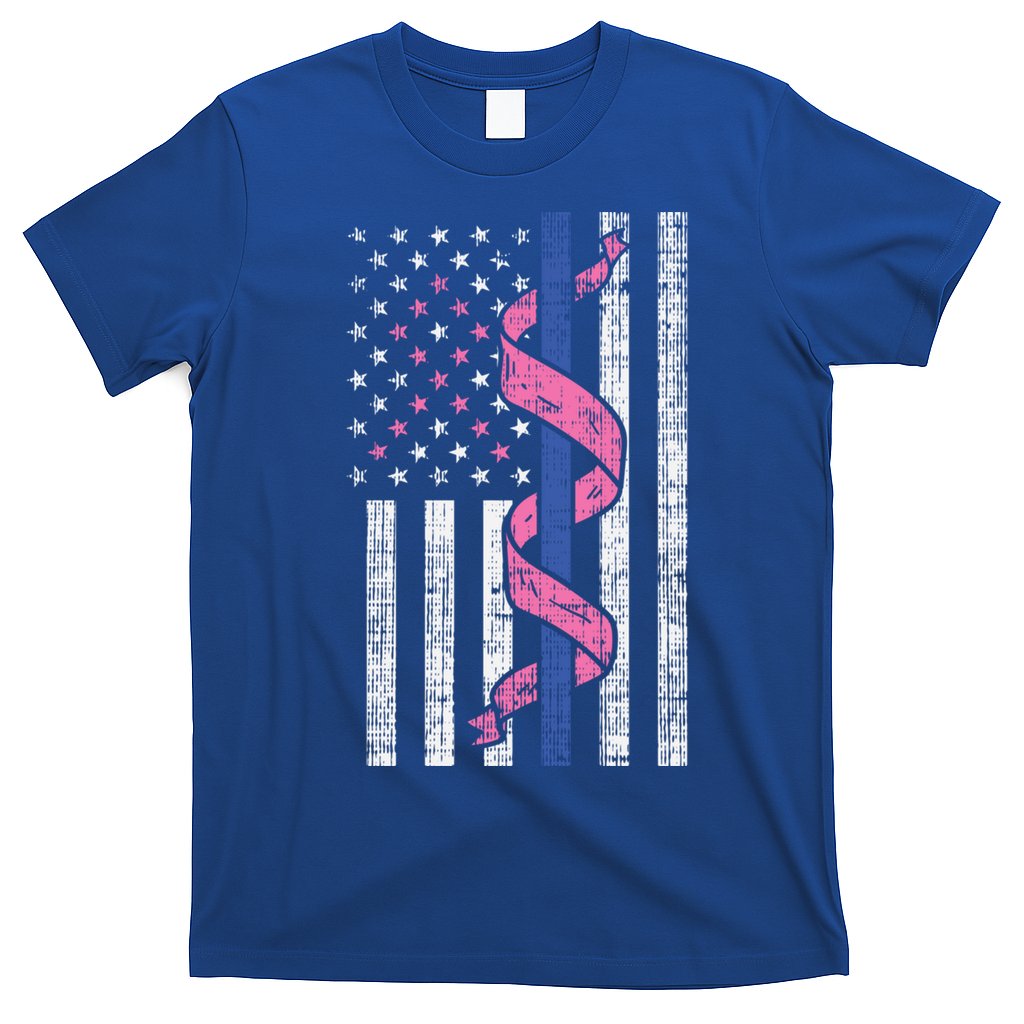 Blue Line Police Us Flag Pink Ribbon Breast Cancer Awareness Gift T-Shirt