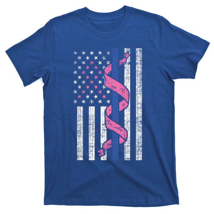 Blue Line Police Us Flag Pink Ribbon Breast Cancer Awareness Gift T-Shirt