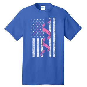 Blue Line Police Us Flag Pink Ribbon Breast Cancer Awareness Gift Tall T-Shirt