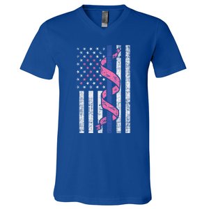 Blue Line Police Us Flag Pink Ribbon Breast Cancer Awareness Gift V-Neck T-Shirt