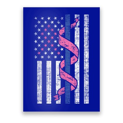 Blue Line Police Us Flag Pink Ribbon Breast Cancer Awareness Gift Poster