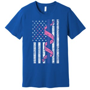 Blue Line Police Us Flag Pink Ribbon Breast Cancer Awareness Gift Premium T-Shirt