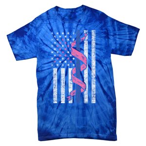 Blue Line Police Us Flag Pink Ribbon Breast Cancer Awareness Gift Tie-Dye T-Shirt