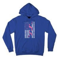 Blue Line Police Us Flag Pink Ribbon Breast Cancer Awareness Gift Tall Hoodie