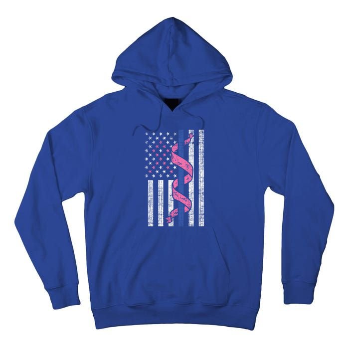 Blue Line Police Us Flag Pink Ribbon Breast Cancer Awareness Gift Tall Hoodie