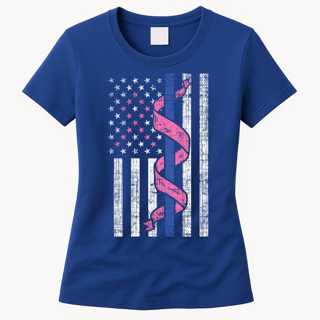 Blue Line Police Us Flag Pink Ribbon Breast Cancer Awareness Gift Womens T-Shirt