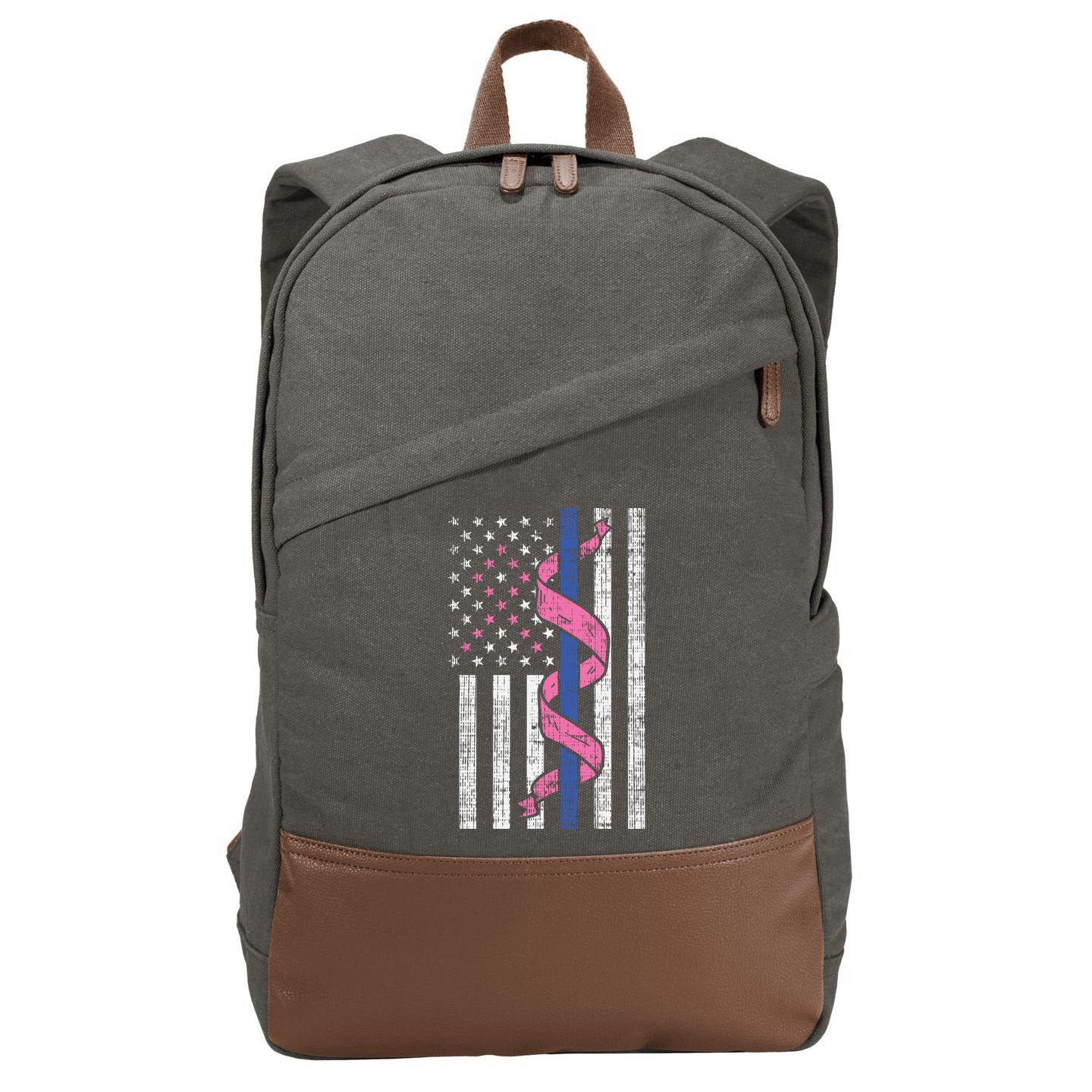 Blue Line Police Us Flag Pink Ribbon Breast Cancer Awareness Gift Cotton Canvas Backpack