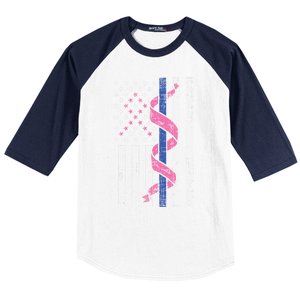 Blue Line Police Us Flag Pink Ribbon Breast Cancer Awareness Gift Baseball Sleeve Shirt