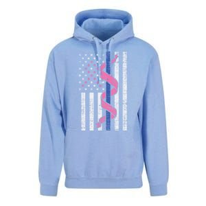 Blue Line Police Us Flag Pink Ribbon Breast Cancer Awareness Gift Unisex Surf Hoodie