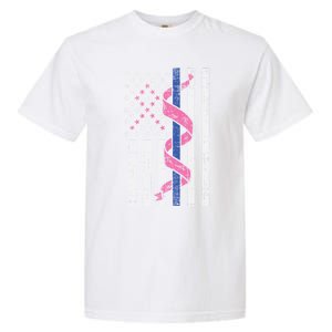 Blue Line Police Us Flag Pink Ribbon Breast Cancer Awareness Gift Garment-Dyed Heavyweight T-Shirt