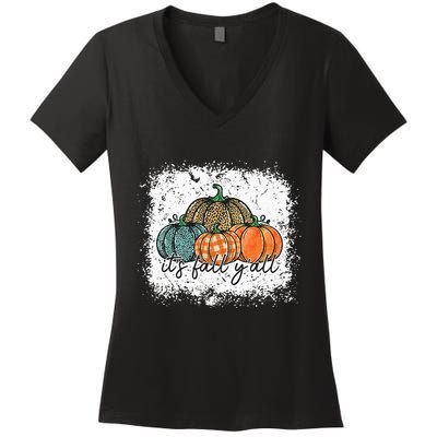 Bleached Leopard Pumpkin Autumn Its Fall Yall Thanksgiving Women's V-Neck T-Shirt