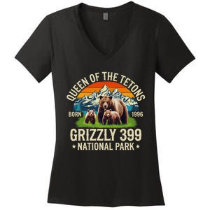 Bear Lovers Queen Of The Tetons Grizzly 399 National Park Women's V-Neck T-Shirt