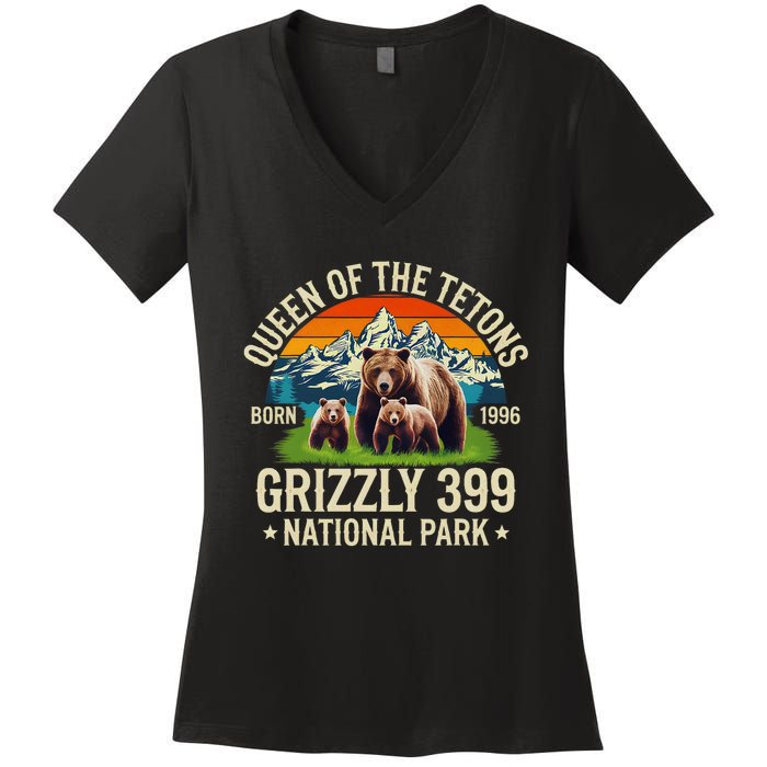 Bear Lovers Queen Of The Tetons Grizzly 399 National Park Women's V-Neck T-Shirt