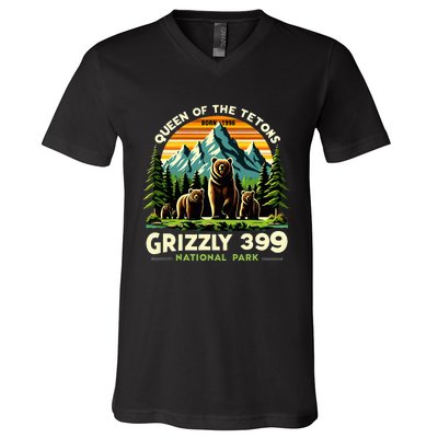 Bear Lovers Queen Of The Tetons Grizzly 399 National Park V-Neck T-Shirt