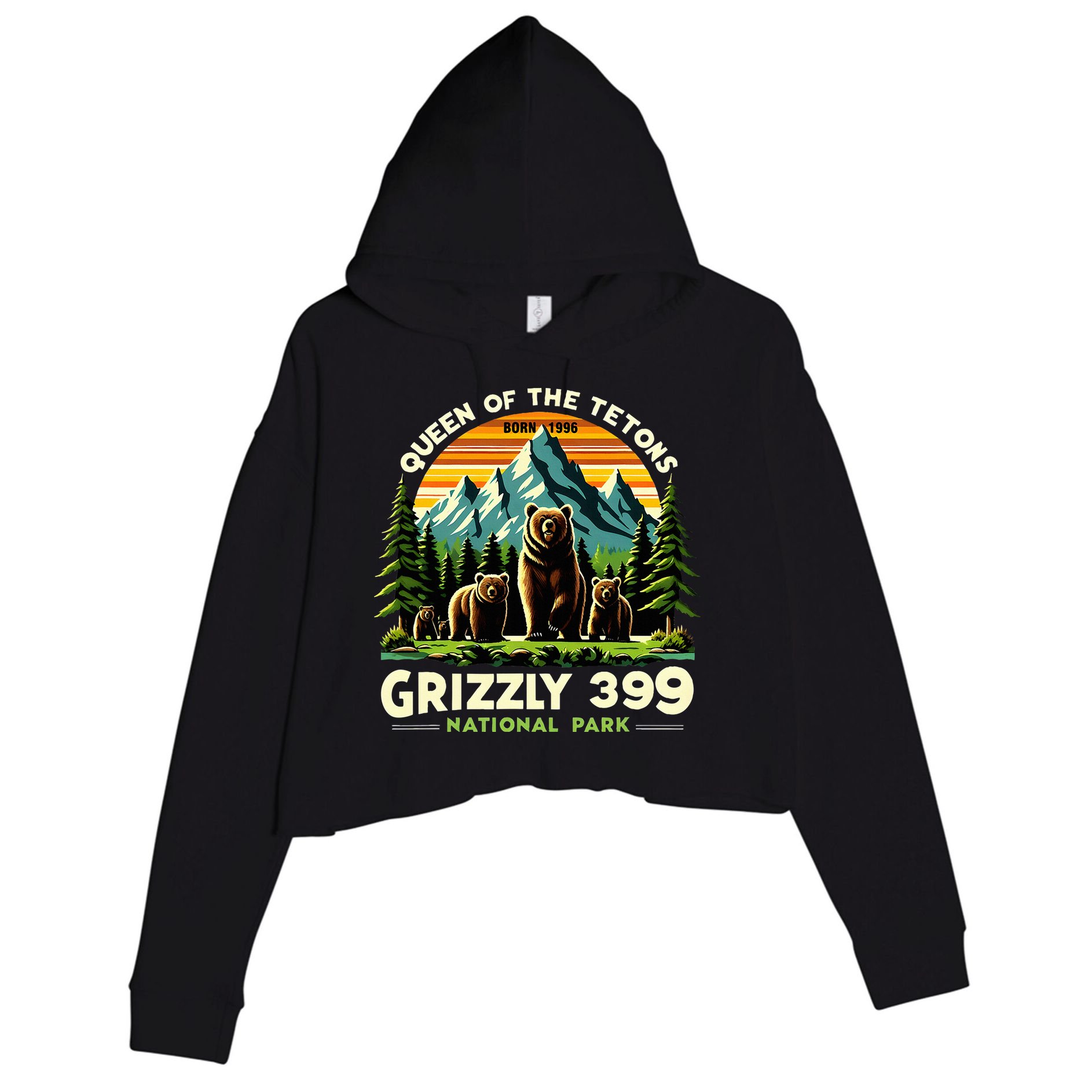 Bear Lovers Queen Of The Tetons Grizzly 399 National Park Crop Fleece Hoodie