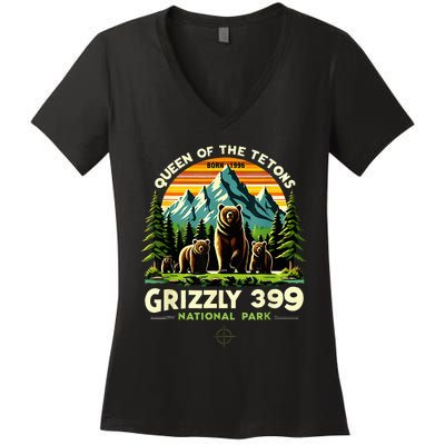 Bear Lovers Queen Of The Tetons Grizzly 399 National Park Women's V-Neck T-Shirt