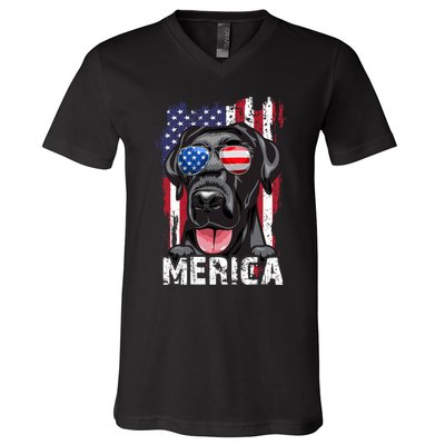 Black Labrador Retriever 4th Of July Merica Usa Flag Lab Dog V-Neck T-Shirt