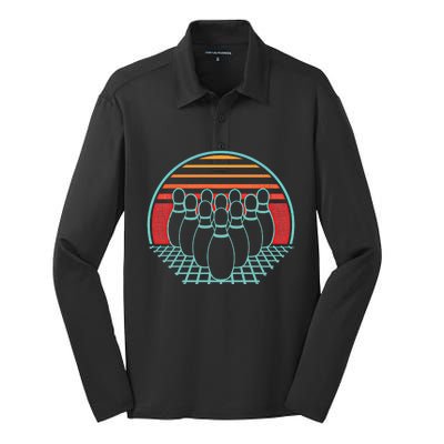 Bowling Lover Retro Vintage 80s Style 10 Pin Player Bowler Gift Silk Touch Performance Long Sleeve Polo