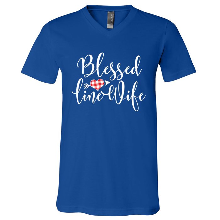 Blessed Linewife Red White Plaid Heart Line Wife Gift V-Neck T-Shirt