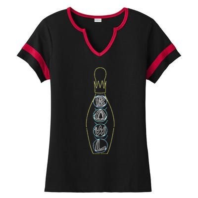 Big Lebowski Retro Neon Crown Bowling Pin Graphic Ladies Halftime Notch Neck Tee