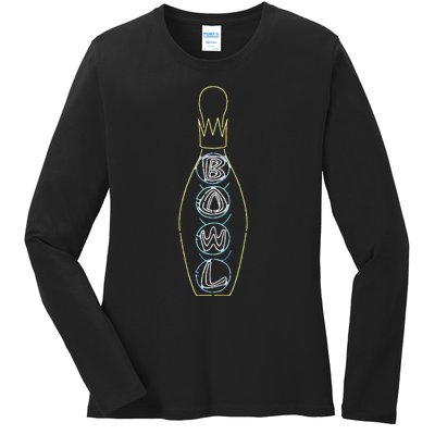 Big Lebowski Retro Neon Crown Bowling Pin Graphic Ladies Long Sleeve Shirt