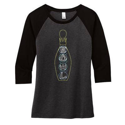 Big Lebowski Retro Neon Crown Bowling Pin Graphic Women's Tri-Blend 3/4-Sleeve Raglan Shirt