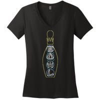 Big Lebowski Retro Neon Crown Bowling Pin Graphic Women's V-Neck T-Shirt