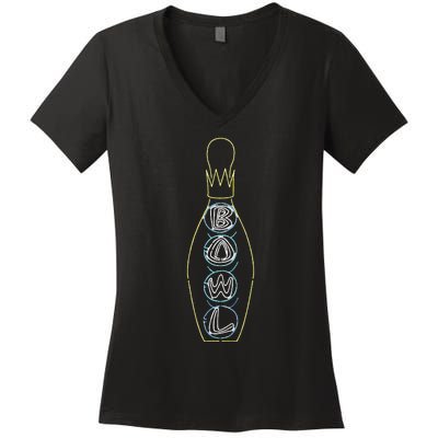 Big Lebowski Retro Neon Crown Bowling Pin Graphic Women's V-Neck T-Shirt