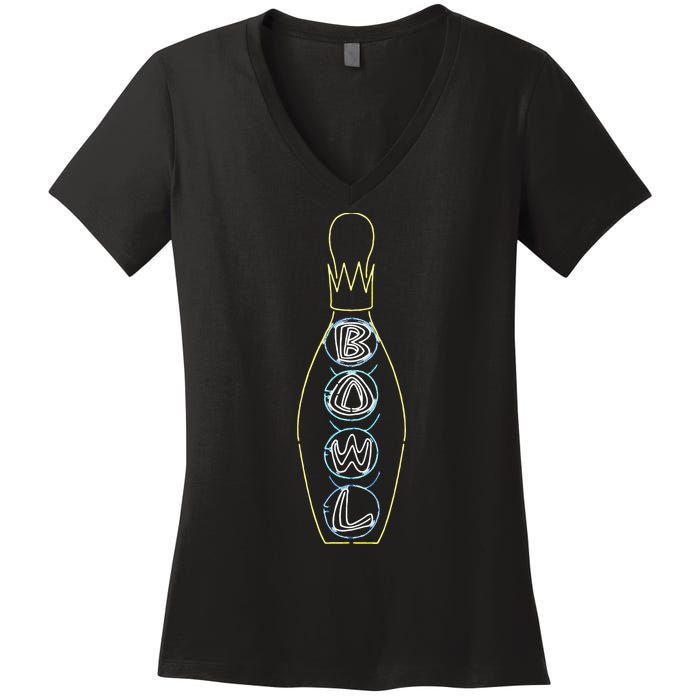 Big Lebowski Retro Neon Crown Bowling Pin Graphic Women's V-Neck T-Shirt
