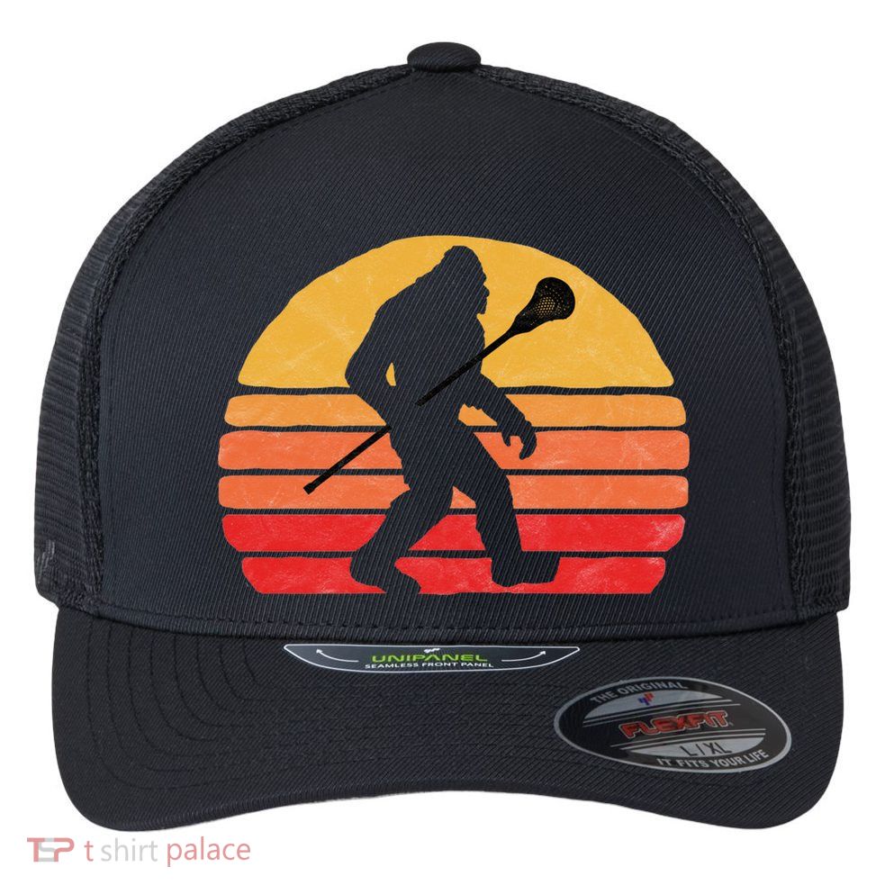 Bigfoot Lacrosse Stick Vintage Surf Sun Funny Lax Gift Flexfit Unipanel Trucker Cap