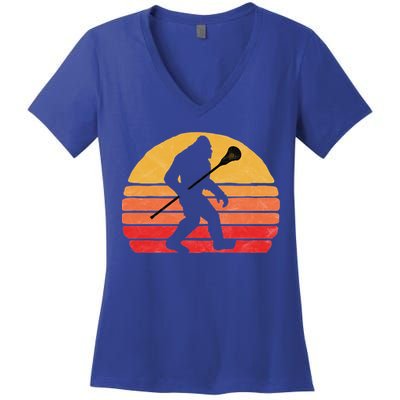 Bigfoot Lacrosse Stick Vintage Surf Sun Funny Lax Gift Women's V-Neck T-Shirt