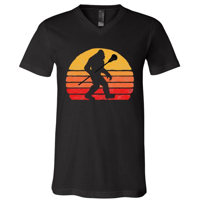 Bigfoot Lacrosse Stick Vintage Surf Sun Funny Lax V-Neck T-Shirt