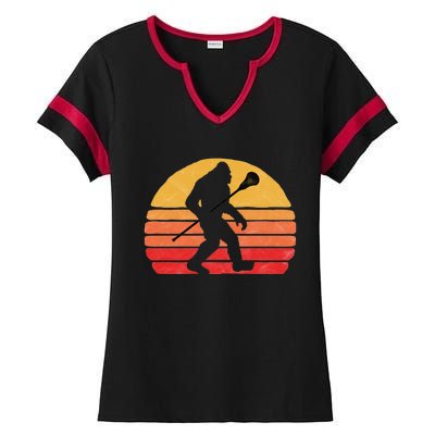 Bigfoot Lacrosse Stick Vintage Surf Sun Funny Lax Gift Ladies Halftime Notch Neck Tee