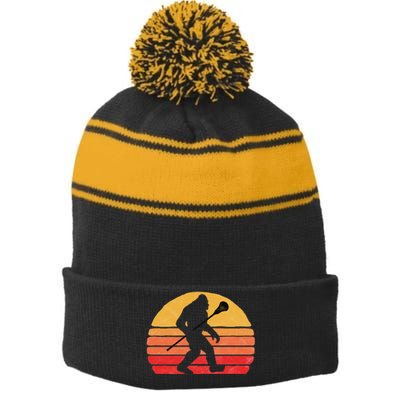 Bigfoot Lacrosse Stick Vintage Surf Sun Funny Lax Gift Stripe Pom Pom Beanie