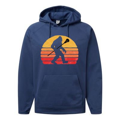 Bigfoot Lacrosse Stick Vintage Surf Sun Funny Lax Gift Performance Fleece Hoodie