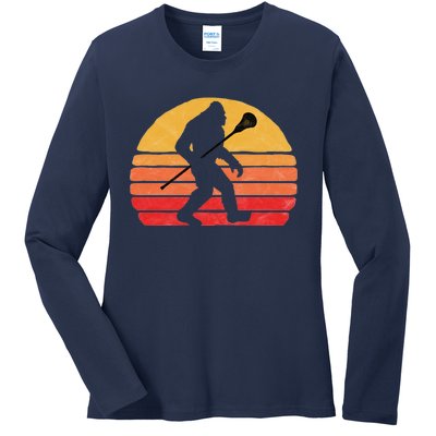 Bigfoot Lacrosse Stick Vintage Surf Sun Funny Lax Gift Ladies Long Sleeve Shirt