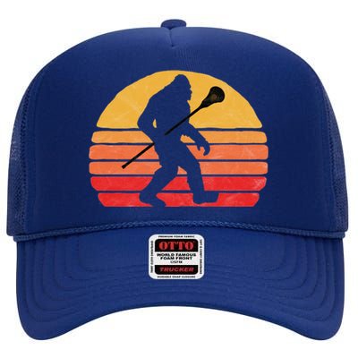 Bigfoot Lacrosse Stick Vintage Surf Sun Funny Lax Gift High Crown Mesh Back Trucker Hat