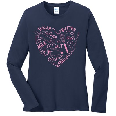 Baking Love Sugar Butter Flour Heart Cake Pastry Chef Baker Ladies Long Sleeve Shirt