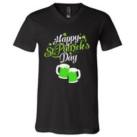 Beer Lucky Shamrock Happy St Patricks Day Green V-Neck T-Shirt