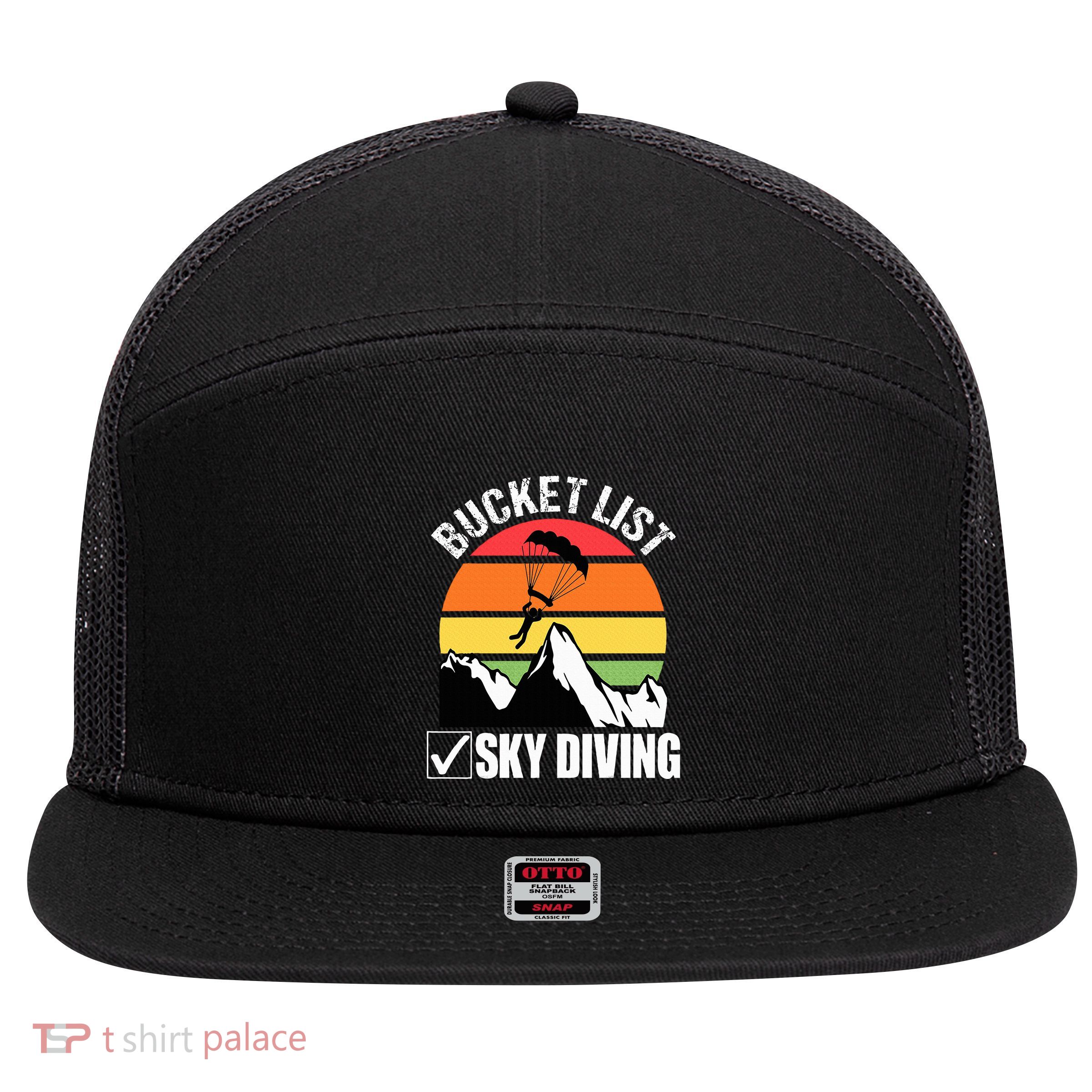 Bucket List Sky Diving Vintage Skydiver Skydiving Parachute 7 Panel Mesh Trucker Snapback Hat
