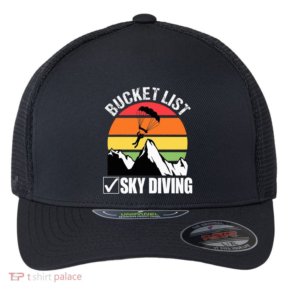 Bucket List Sky Diving Vintage Skydiver Skydiving Parachute Flexfit Unipanel Trucker Cap