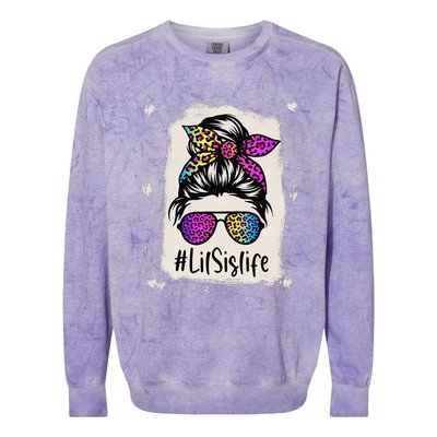 Bleached Lil Sis Life Messy Bun Rainbow Leopard Mother's Day Colorblast Crewneck Sweatshirt