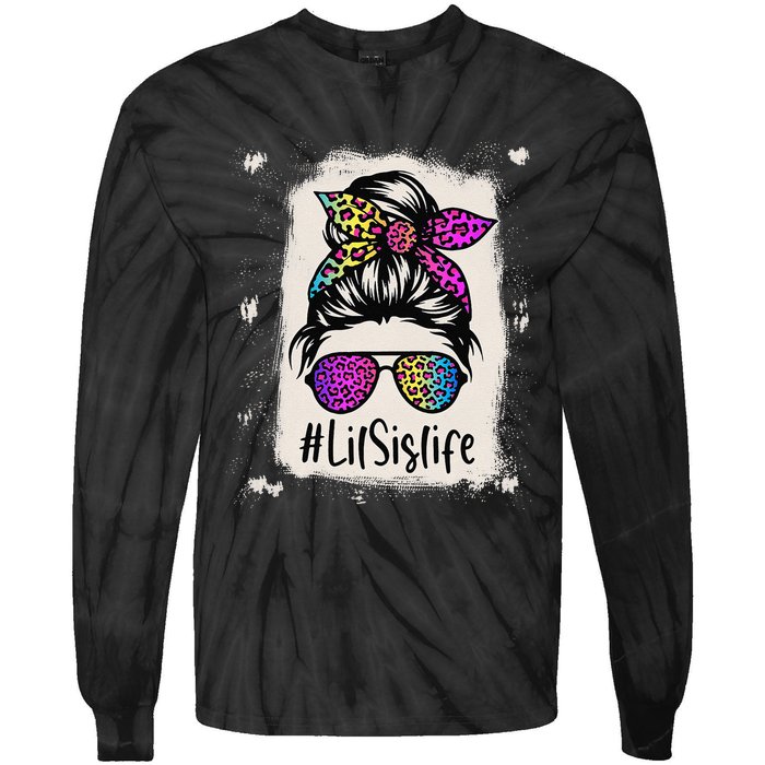 Bleached Lil Sis Life Messy Bun Rainbow Leopard Mother's Day Tie-Dye Long Sleeve Shirt